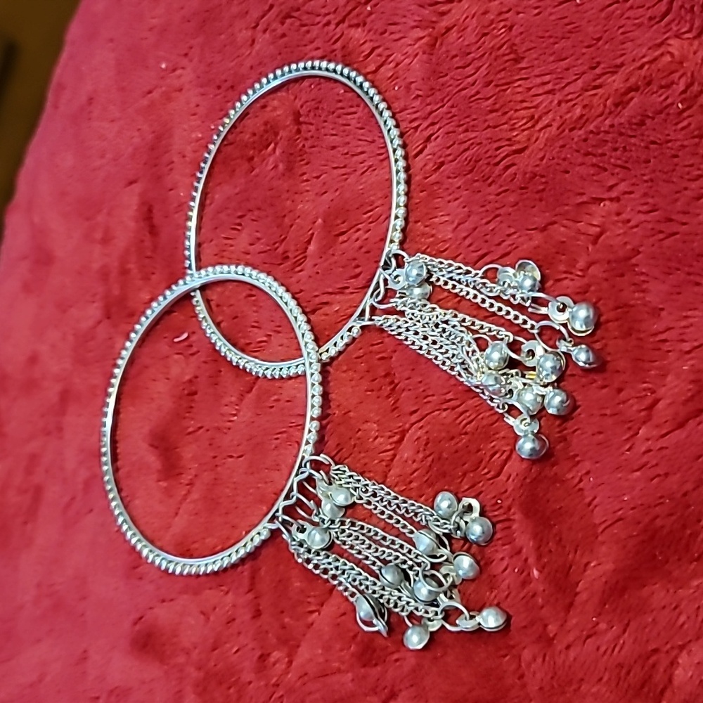 Set of 2 Silver Coloured Stackable Wire Bracelets with Chain Dangles